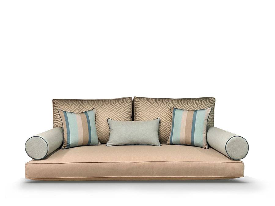 Integrated Pewter Back Pillow on Blend Sand Mattress with Hybrid Sky and Gateway Mist Accent Outdoor Pillows