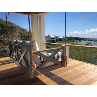 Lowcountry Bed Swing blue striped bolster cushions