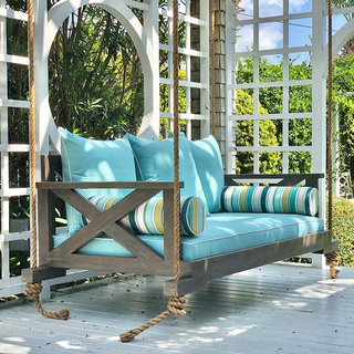 Rustic Charleston Bed Swing with aqua cushions