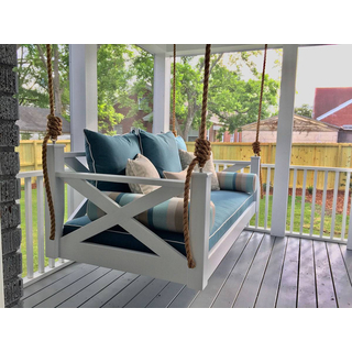 Lowcountry Bed Swing with blue cushions and white finish