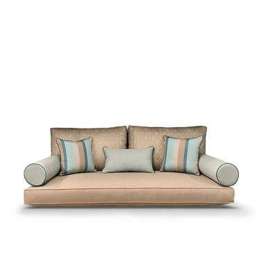 Integrated Pewter Back Pillow on Blend Sand Mattress with Hybrid Sky and Gateway Mist Accent Outdoor Pillows